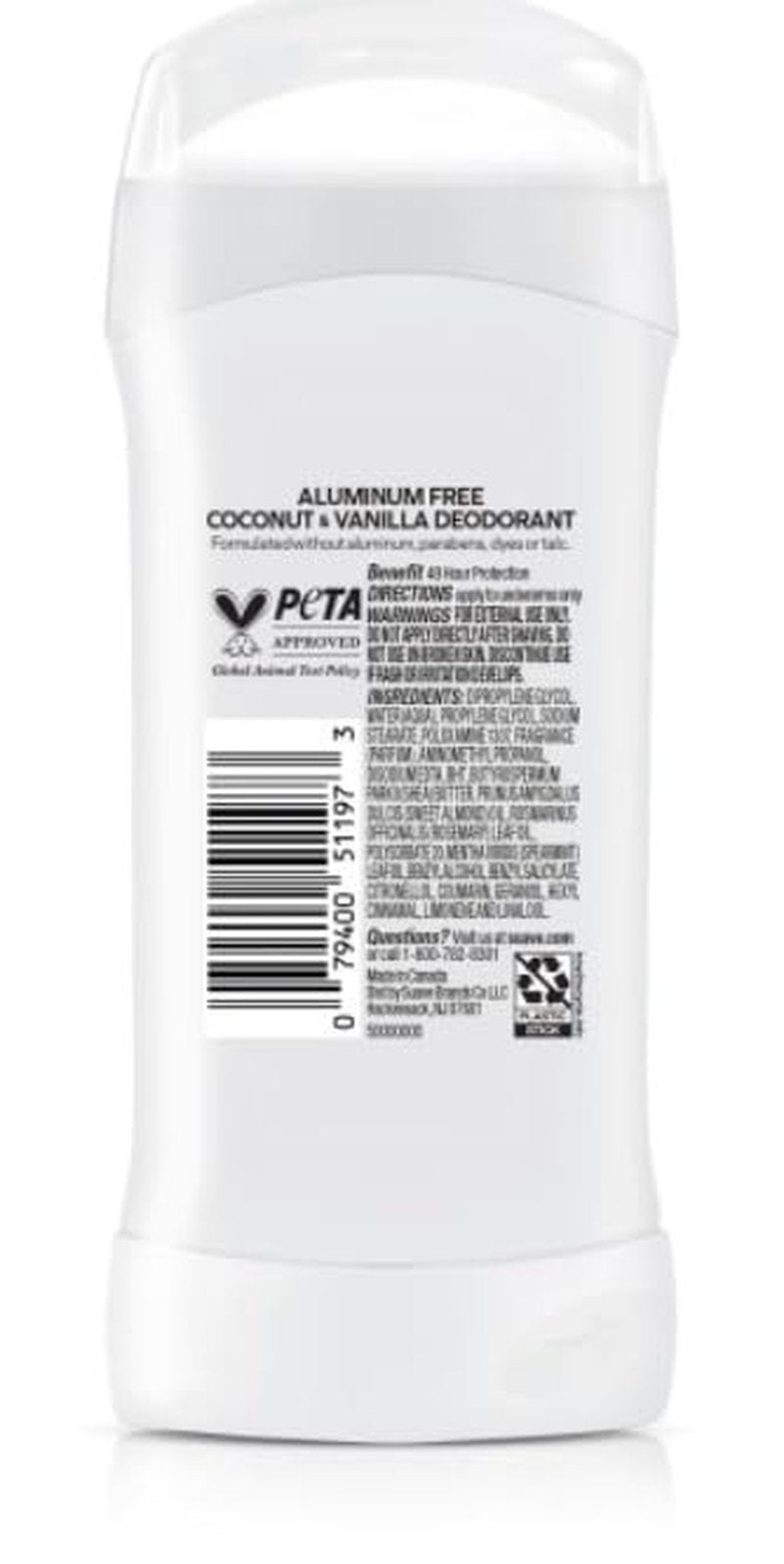 Suave Aluminum-Free Deodorant for Women - Coconut & Vanilla Scent | 48-Hour Odor Protection, 2.6 oz (Pack of 12)