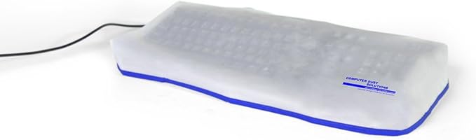 COMPUTER DUST SOLUTIONS Keyboard Dust Cover, Covers Large Size PC Keyboards, Silky Smooth Antistatic Vinyl, Translucent Coconut Cream Color with Blue Trim, (20W x2H x9D)