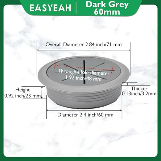 EASYEAH 2 Pcs Desk Grommet 2-3/8" / 60 mm, Desk Hole Cover for Cables Dark Grey, Cable Grommet ABS Plastic, Desk Hole Grommet for Home & Office Pc, Detachable Cable Cord Organizer