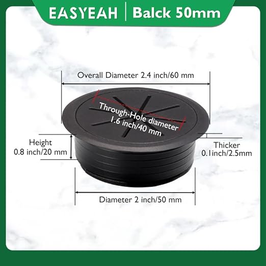 EASYEAH 10 Pcs Desk Grommet 2" / 50 mm, Desk Hole Cover for Cables Black, Cable Grommet ABS Plastic, Desk Hole Grommet for Home & Office Pc, Detachable Cable Cord Organizer