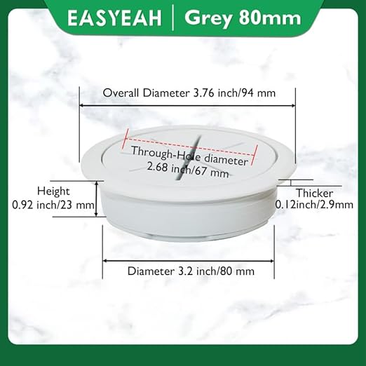 EASYEAH 2 Pcs Desk Grommet 3-1/8" / 80 mm, Desk Hole Cover for Cables Grey, Cable Grommet ABS Plastic, Desk Hole Grommet for Home & Office Pc, Detachable Cable Cord Organizer
