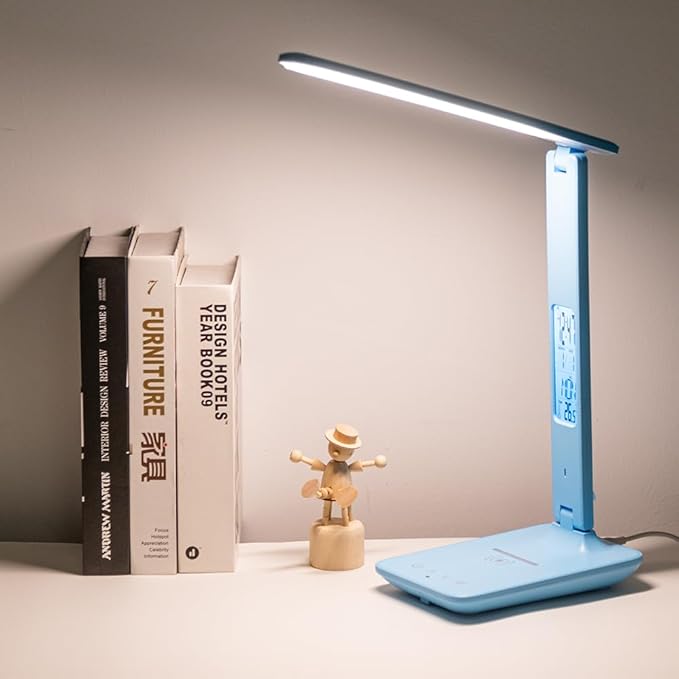 wanjiaone Multifunctional LED Desk Lamp with Wireless Charger,USB Charging Port,Clock,Phone Holder,Desk Lamps for Home Office,Eye-Caring Reading Lamp,Study Lamp for Boys,Girls,Teens,Blue