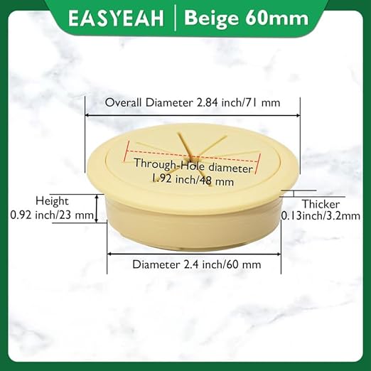 EASYEAH 2 Pcs Desk Grommet 2-3/8" / 60 mm, Desk Hole Cover for Cables Beige, Cable Grommet ABS Plastic, Desk Hole Grommet for Home & Office Pc, Detachable Cable Cord Organizer