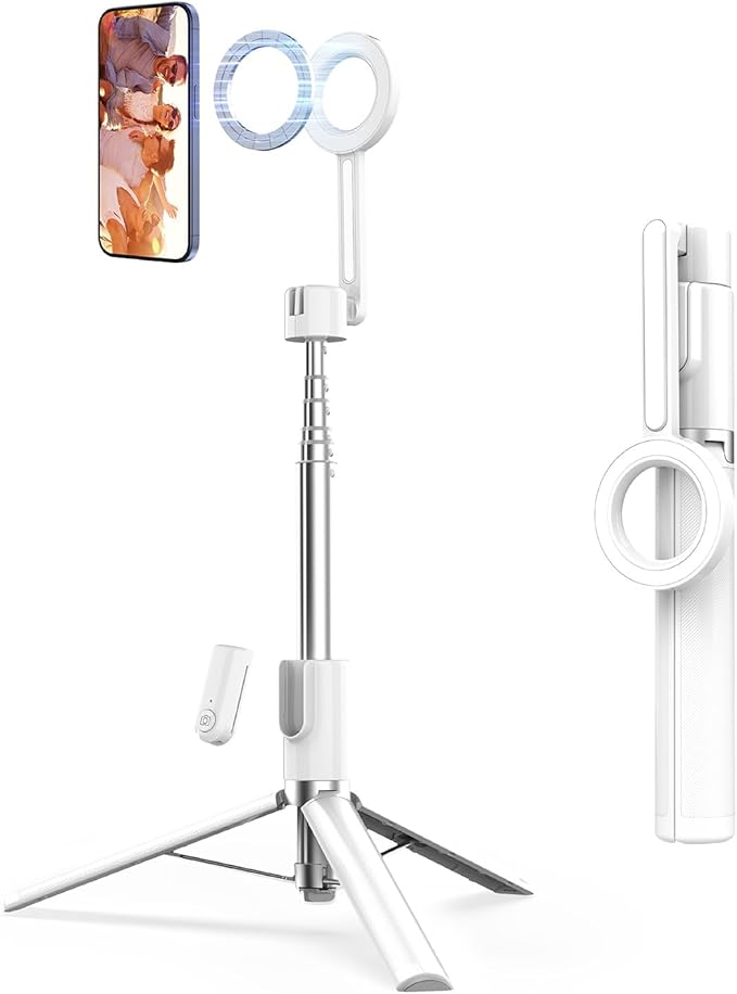 SEAJIC Magnetic Phone Tripod for iPhone 54" Selfie Stick Tripod with Remote and Metal Ring, Phone for Video Recording, Cell Phone Mount Stand for Cellphone (White, 54in)