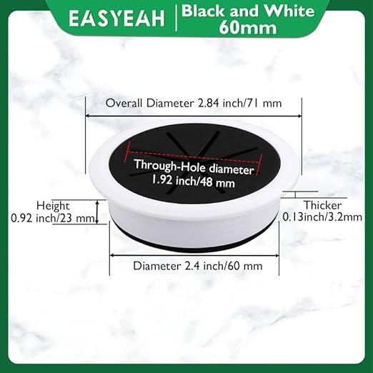 EASYEAH 2 Pcs Desk Grommet 2-3/8" / 60 mm, Desk Hole Cover for Cables Black and White, Cable Grommet ABS Plastic, Desk Hole Grommet for Home & Office Pc, Detachable Cable Cord Organizer