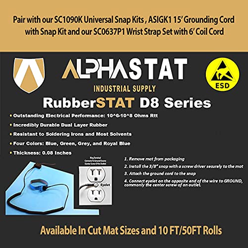 RubberStat Dual Layer ESD Compliant Workstation Rubber Table Mat Kit, Soldering, Cell Phone Repair, with Wrist Strap Set and Ground Cord - 48"x60" Blue