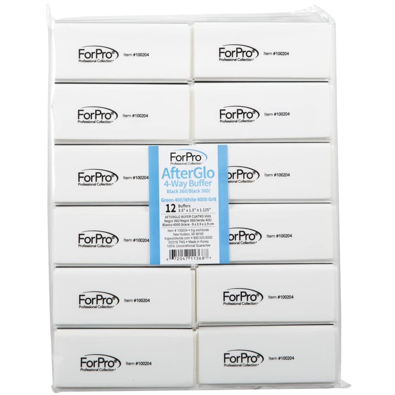 ForPro AfterGlo 4-Way Buffer, Black 360/Black 360/Green 400/White 4000 Grit, Four-Sided Manicure and Pedicure Nail Buffer, 1.125” H x 1.5” W x 3.5” L, 12-Count (Pack of 2)