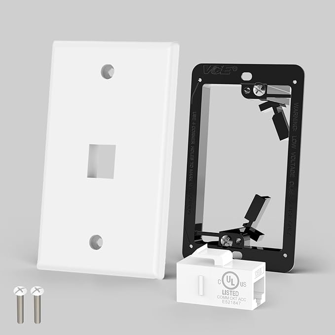 VCE Ethernet Wall Plate (UL-Listed), 1-Port CAT6 Wall Plate and Jack, RJ45 Keystone Outlet with Single Gang Low Voltage Mounting Bracket, White 2-Pack