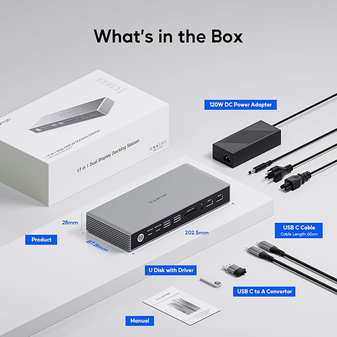 PULWTOP Displaylink Docking Station, USB C Docking Station Dual Displays for MacBook M1/M2/M3/M4 Windows, 4K@60Hz Displaylink Dock with 2 HDMI, 2 Display Port, 2USB C Data, 6 USBA, Ethernet, Audio