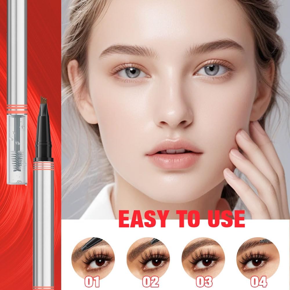 2-in-1 Eyebrow Pencil with Gel, Dual-Ended 3D Microblading Eyebrow Pen with 4 Tip & Eyebrow Brush, Waterproof Long-Lasting Eyebrow Pencil for Women (Brown)