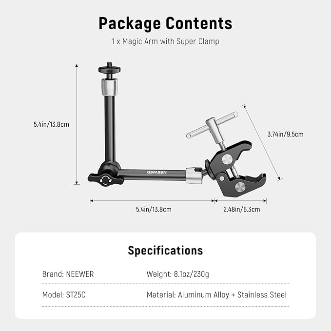 NEEWER 9.8"/25cm Adjustable Magic Arm with Super Clamp, 1/4" & 3/8" Threads, 1/4" Screws for Flash/LED Light/Microphone/Monitor, Compatible with SmallRig Camera Cage, Max Load: 3.3lb/1.5kg, ST25C