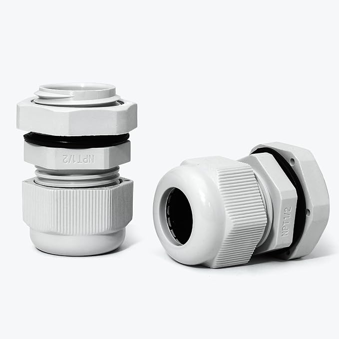 Bonsicoky 10 Pcs 1/2" NPT Nylon Cable Glands, IP68 Waterproof Adjustable Cord Grip Cable Connector Strain Relief Wire Protectors for 6-12mm Cable Diameter, Grey