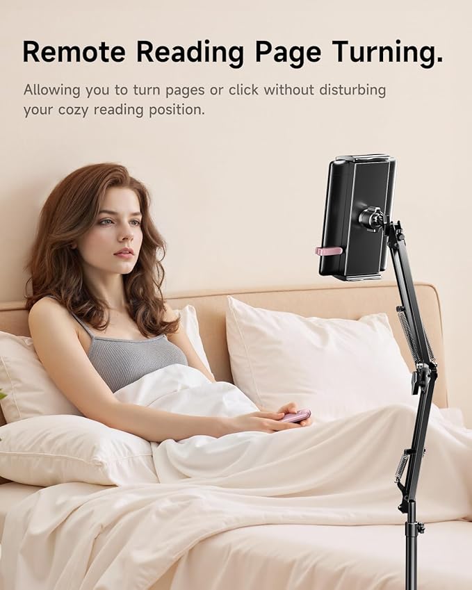 UNIBITRI Floor Stand for Kindle with Remote Page Turner, Holder Stand for Reading in Bed with Clicker – for Kindle Paperwhite, Oasis,Tablet, iPhone and More 4.7-11 inch,Pink Remote