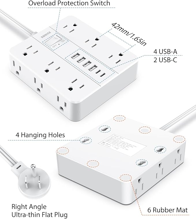 Power Strip Flat Plug with 12 Outlets 6 USB(2 USB C),SMNICE Power Strip Charging Station with Overload Protection,5ft Extension Cord Widely Spaced Multiple Outlets for Home Office Dorm Essentials