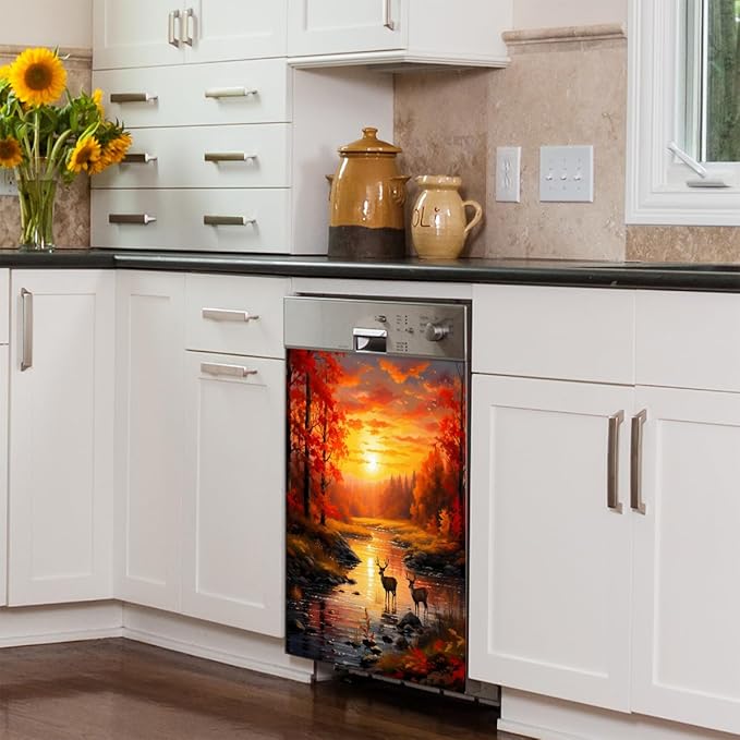Dishwasher Magnet Cover Forest River Sunset Deer Reusable Dishwasher Magnetic Cover Sticker Decorative Dish Washer Door Cover Panel for Home Kitcen Appliance, 21x26 in