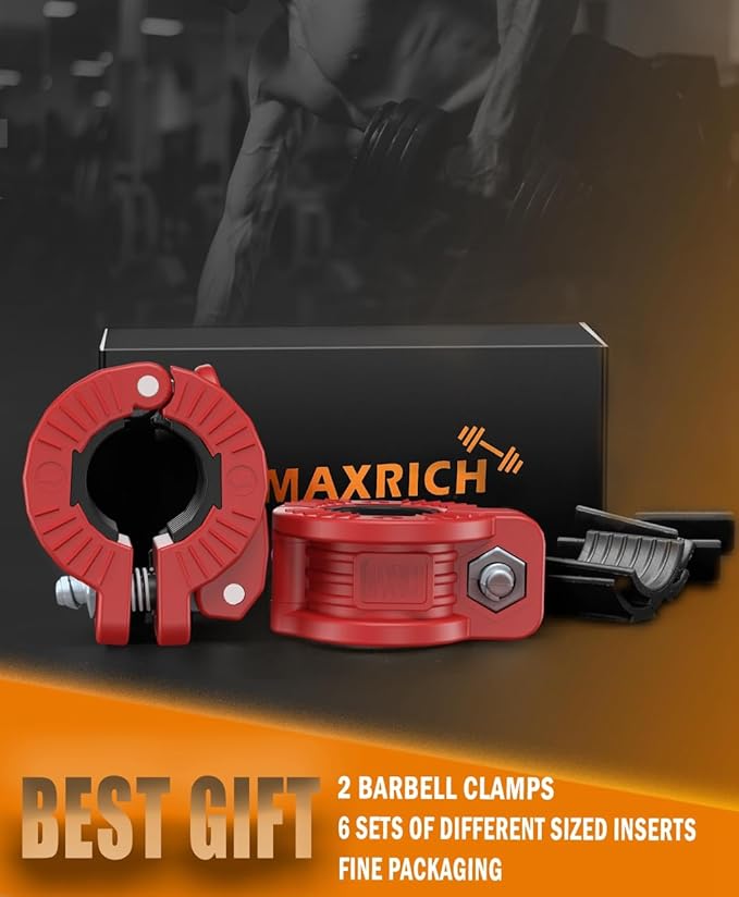 MAXRICH Barbell Clamp 1 inch Multiple Sizes & Adjustable Weight Clips for Barbell Quick Release Barbell Clips|Barbell Collar Bar Locks for Weight Lifting (Black 0.9-1.18inch), KL2-2