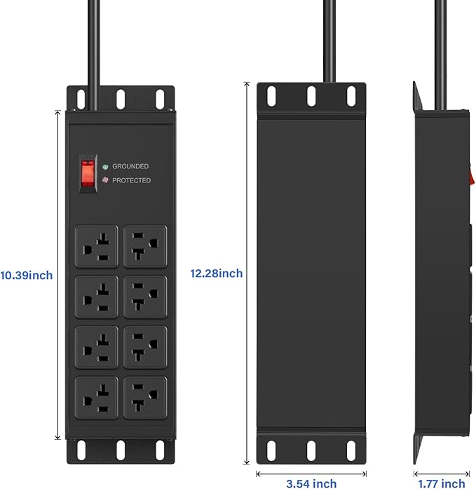 CCCEI Heavy Duty Power Strip Surge Protector 20 AMP Switch, 12 Gauge Extension Cord with Multiple Outlets, Industrial, Shop, Garage High Amp Wall Mount Electric Extender. 4FT, Black.