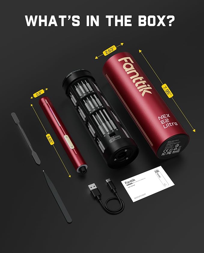 Fanttik E2 Ultra Electric Screwdriver, 0.6N.m Mini Screwdriver Set, 50 Magnetic Bits, 5/32'' Precision Screwdriver for Laptop, PC, Phone, 3D Printer, RC Cars, Electronics Repair Tools for Dad (Red)
