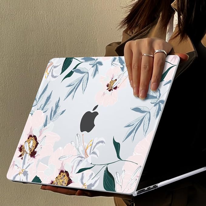 LCMOCICO Compatible with MacBook Air 13 inch Case 2021 2020 2019 2018 M1 A2337 A2179 A1932 with Retina Display & Touch ID, Pattern Plastic Hard Shell Case Keyboard Skin Cover, Pink Peonies & Lilies