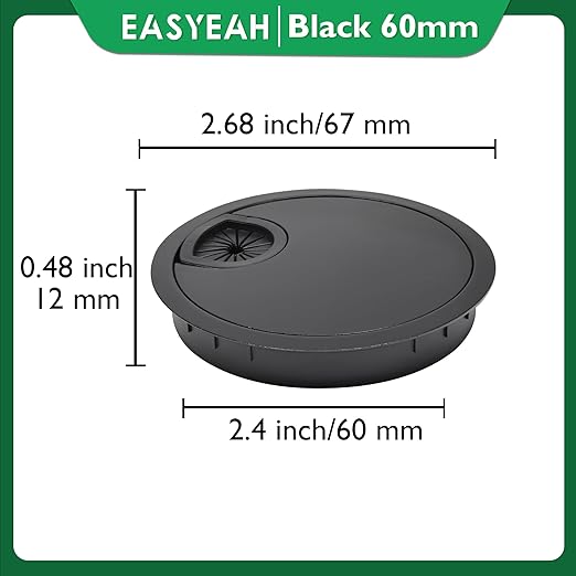 EASYEAH 1 Pcs Desk Grommet 2-3/8" / 60 mm, Desk Cord Hole Cover, Cable Grommet Metal Zinc Alloy Materilal, Desk Hole Grommet for Home & Office Pc, Detachable Cable Cord Organizer-Flat Black