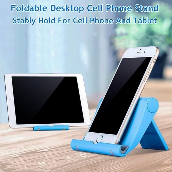 JUSDIQIR Cell Phone Stand for Desk 2 Pack Mobile Phone Holders Desktop Tablet Stand, Foldable Phone Dock Universal Adjustable Tablet Stand for Desk Compatible with Cell Phone Support (Blue+Pink)