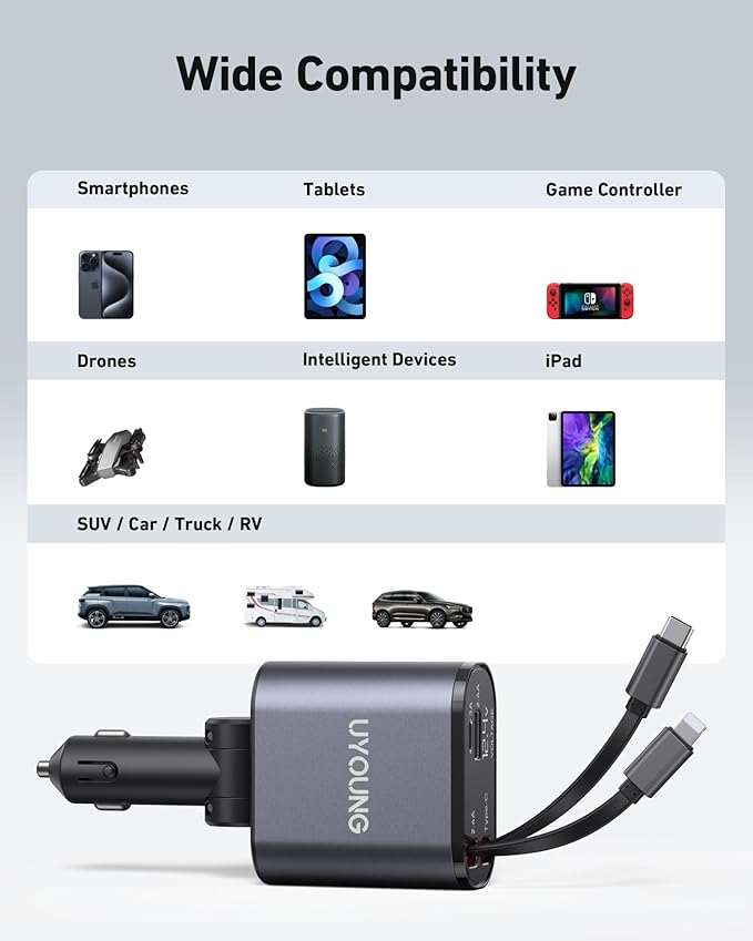 iPhone Car Charger, Retractable Fast Car Phone Charger 100w for CarPlay, 4 in 1 Car Charger Adapter with 2 Cables 31.5 Inch and 2 USB Ports, Compatible with iPhone 17/16/15/14/13/12/11 Pro/Samsung