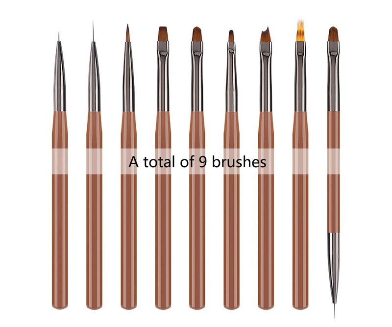 MIKOWEN 9PCS Nail Art Brushes Nail Art Tool Set Striping for Long Lines Nail Drawing Pen For Nail Design Brushes for Gel Polish Clean Up Brushes 3D Nail Art Decorations for DIY Manicure, Brown