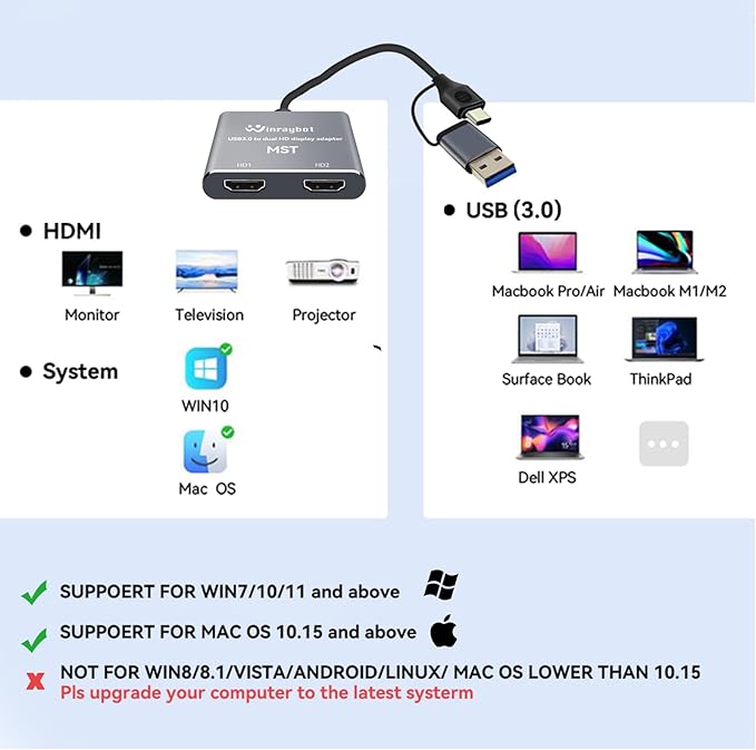 WinRaybot USB to HDMI Adapter for 2 Monitors-USB3.0 to Dual hdmi for 3 Monitors-USB to HDMI with Two HD Displau Supports Mac & Windows/Dual HDMI Extender -External Video & Graphics Card Adapter