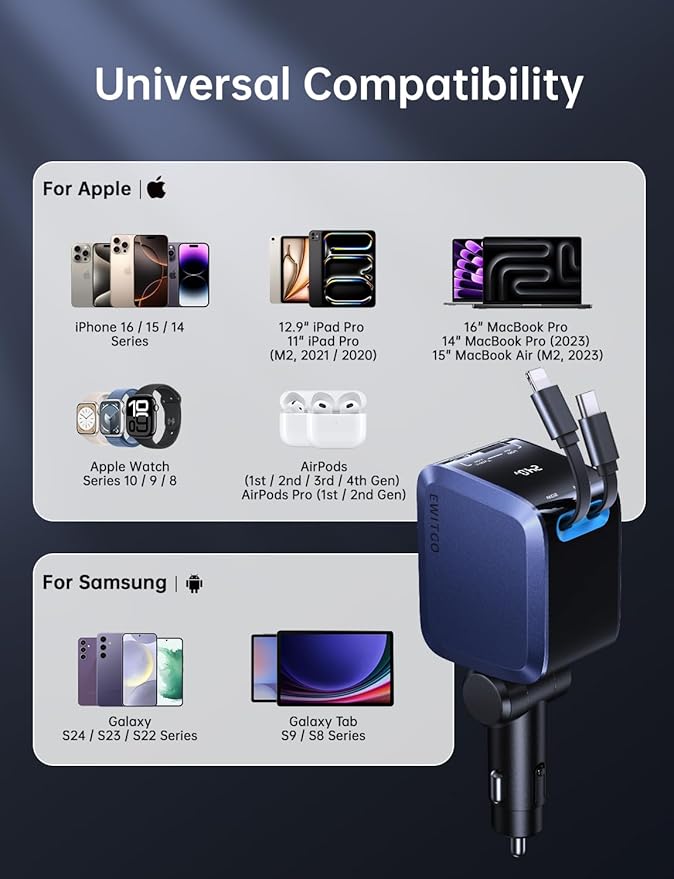 EWITGO Retractable Car Charger, Car Accessories, 72W Fast Charging USB C Car Charger with 4FT Retractable Cables and 2 Ports, for iPhone 16 15 14 13 12, Samsung etc Dark Blue