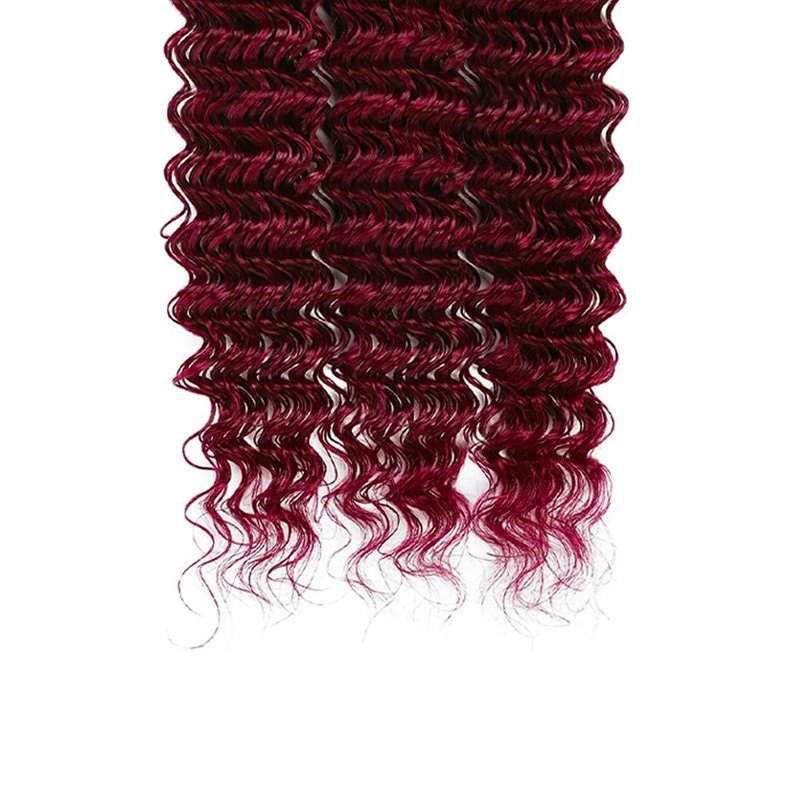 99J Burgundy Deep Wave Human Hair Bundles - 12, 14, 16 Inch Red Hair Extensions