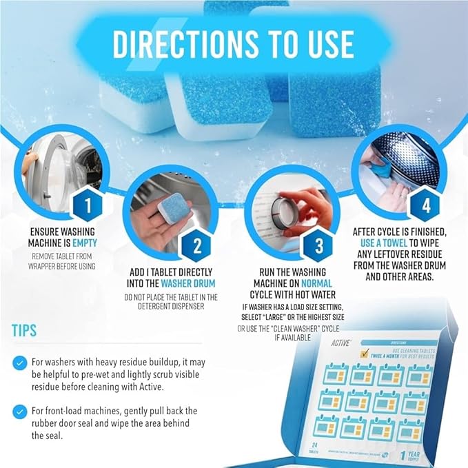 Washing Machine Cleaner Descaler 12 Pack - Deep Cleaning Tablets For HE Front Loader & Top Load Washer, Septic Safe Eco-Friendly Deodorizer, Clean Inside Drum and Laundry Tub Seal - 12 Month Supply(1C