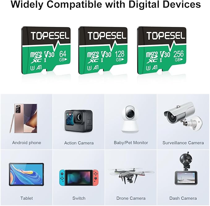 TOPESEL 128GB Micro SD Card 2 Pack with Adapter, High Speed TF Card, Memory Card microSDXC for Camera, Smartphone, Tablet, Dash Cam, Drone, UHS-I, U3, A1, 4K UHD, V30(128GB 2Pack)