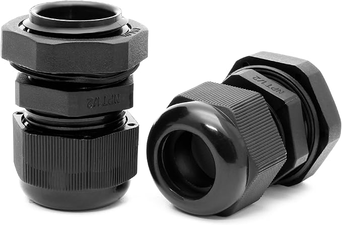 Bonsicoky 10 Pcs 1/2" NPT Nylon Cable Glands, IP68 Waterproof Adjustable Cord Grip Cable Connector Strain Relief Wire Protectors for 6-12mm Cable Diameter, Black