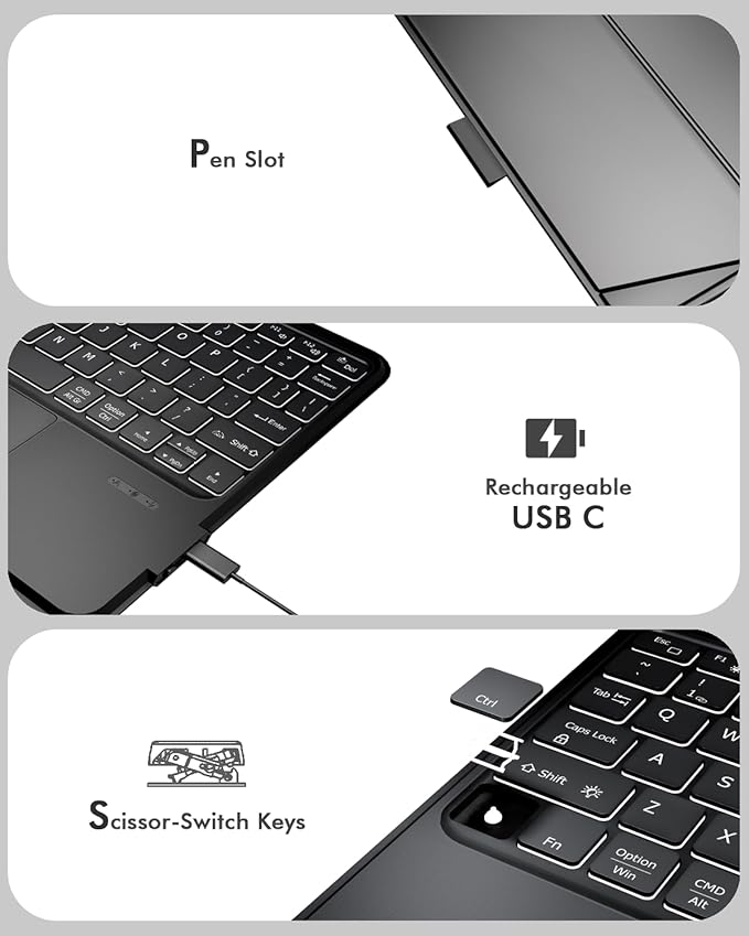 Universal Keyboard Case for 9-11 Inch Tablets, Dual Bluetooth Detachable Keyboard for Android Tablets/iPads/Galaxy Tabs, Magnetic Backlit Keyboard with Washable Adhesive Mount&Any-Angle Stand&Trackpad