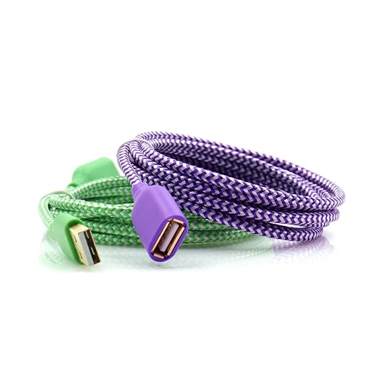 USB Extender Cord, OKRAY 2-Pack 6FT USB 2.0 Extension Cable Type A Male to A Female Data Transfer USB-A Extender Durable Nylon Braided Cable for Printer, USB Flash Drive/Game Controller (Purple Green)
