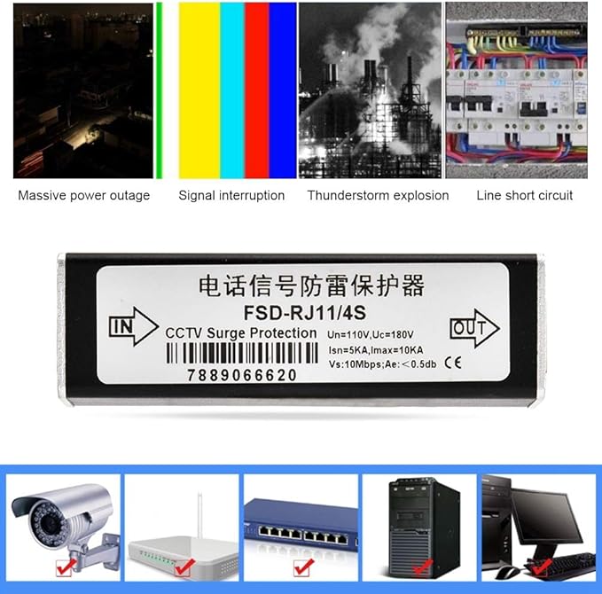 Cunyuer RJ11 Telephone Fax Protector, Lighting Thunder Arrester Device, Audio Telephone Protector Data Single Protector 110V