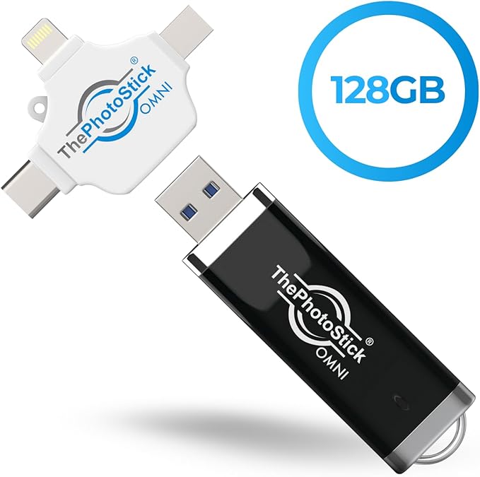 ThePhotoStick® Omni 128GB USB Flash Drive & Memory Stick – Automatic Photo & Video Backup for iPhone, Android, Mac & PC – Multiport Connection to Easily Store & Transfer Files
