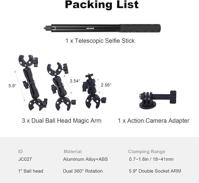 Mechrig Motorcycle Ebike Mount kit for Insta360 X5, Bike & Golf Car Handlebar Clamp Mount and 59" Invisible Selfie Stick Bundle Kit, Super Clamp, Action Camera Adapter for GO2/3/3S/DJl, JC027