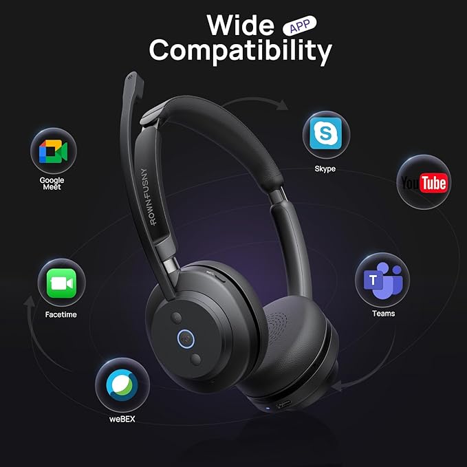Rownfusny Wireless Headset with Mic for Work, Bluetooth Headphones with Noise Cancelling Microphone & 2.4G USB Dongle, Mute Button for PC, Laptop, Call Center, Home, Office, Zoom, Teams Meeting