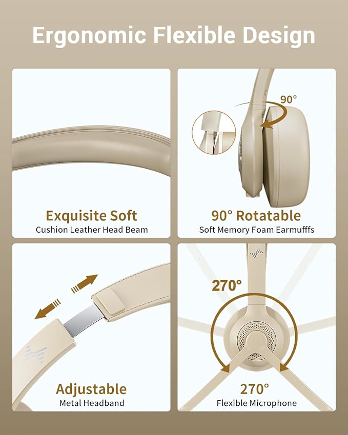 JIAMQISHI Wireless Headset with AI Noise Cancelling Microphone Bluetooth Headset - Bluetooth V5.2 Headphones with USB Dongle & Mic Mute for Computer/Laptop/PC/iPhone/Android/Cell Phones/Zoom-Apricot