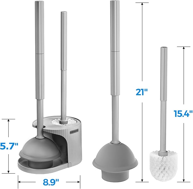 2Pack 2 in 1 Toilet Brush and Plunger Set, Extended Handle Plunger,Toilet Bowl Brush Plunger Set,Bathroom Cleaning Tools ,Toilet Brush Plunger Combo,Cleaning Brush,Cleaning Supplies(Dark Grey)