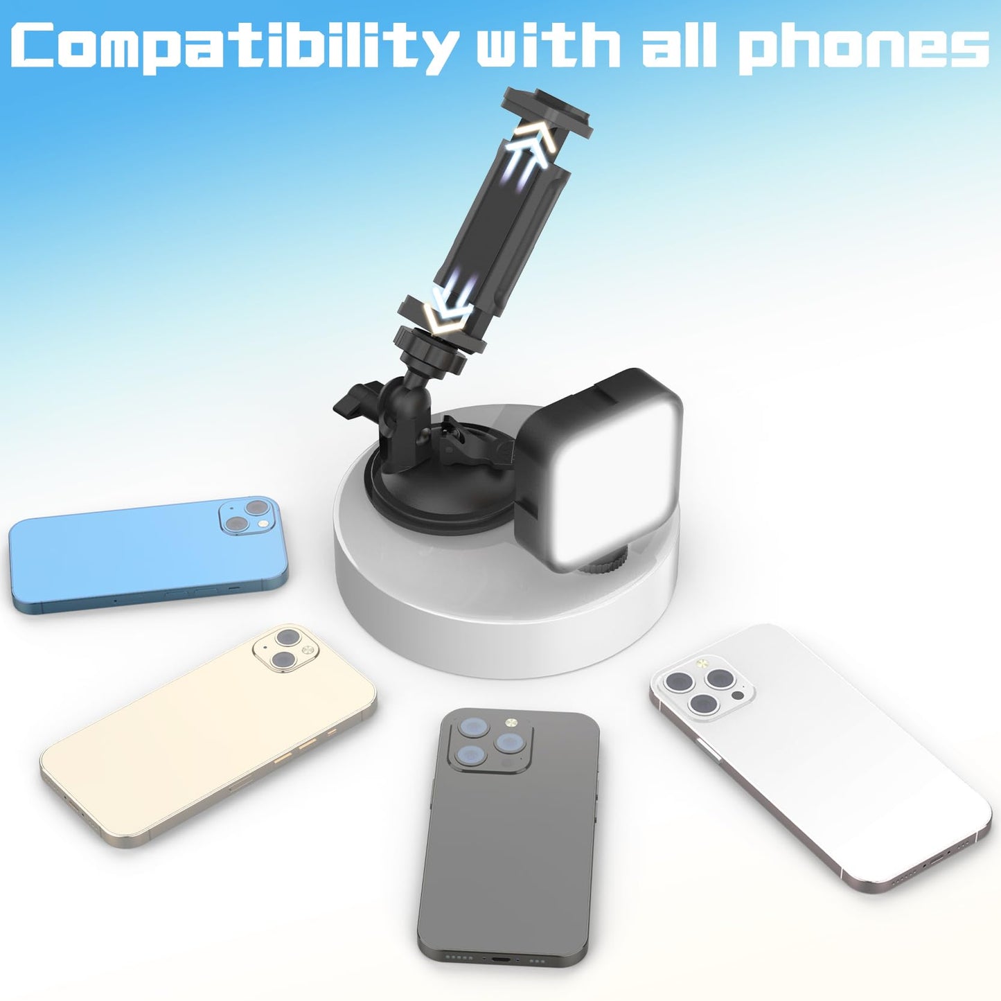 HzTinT Suction Cup Phone Mount with Rechargeable Light, Mirror Phone Holder with Light Shower Bathroom Kitchen, Mirror Tripod for TikTok YouTube Instagram Make Up Pics Video Content Creator