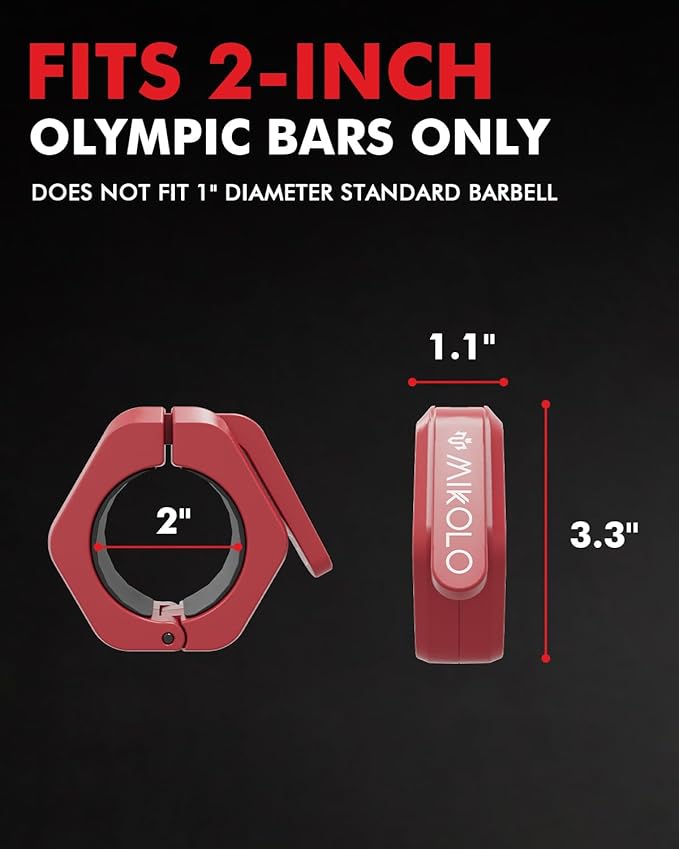 Mikolo Barbell Clamps,2-Inch Olympic Barbell Clips with Anti-Slip TPR Lining and Quick Release for Home and Gym Use(Magnetic Red