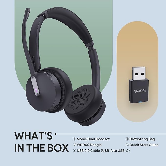 Yealink WH64 Hybrid DECT& Bluetooth Wireless Headset,492ft Range Dual UC Zoom Headphones with DECT Dongle, 3X Noise Cancelling Mic, 32HTalk Time, Office Work Portable Headsets for PC,Cellphone,Laptop