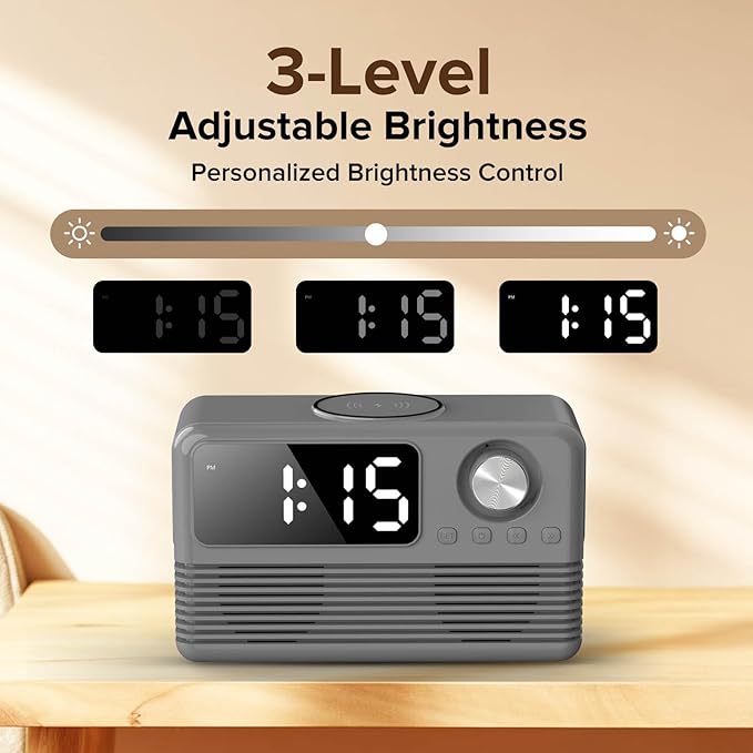 FlyShow 15W Fast Wireless Charger with Bluetooth Speaker and Alarm Clock Radio,4 in1 Wireless Charging Station for iPhone,Android Phones with FM Radio for Bedroom