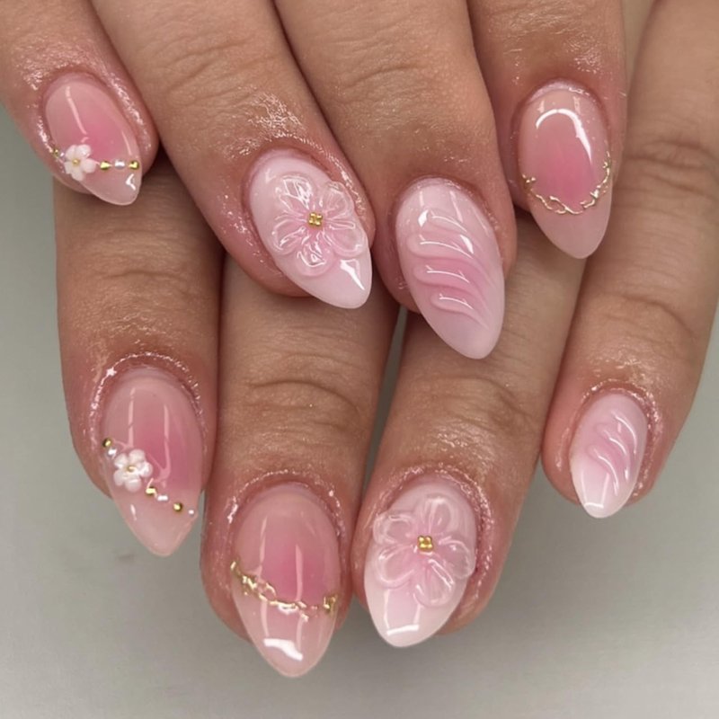 XZMeiLun 3D Flower Press On Nails Short Almond â Pink White Ombre Gold Line Designs, Acrylic Reusable Fake Nails with Adhesive Tabs Glue, Salon Quality Nail Press Ons - Nail Kit for Women Manicure
