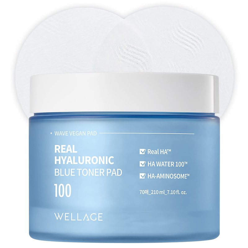 WELLAGE Real Hyaluronic Blue Toner Pad â Korean Skincare Zero Pore Facial Pads 70 Sheets, Hyaluronic Water Jojoba, Quick Soothing & Moisturizing - Hypoallergenic Exfoliating for Skin Smooth