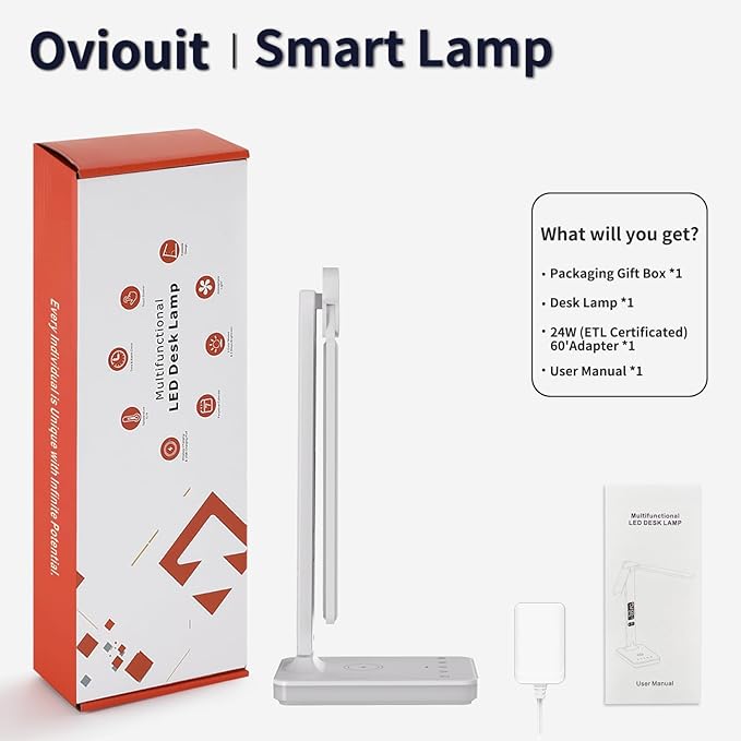 oviouit LED Desk Lamp with Charger, USB Charging Port, Dual Swing Arm Desk Light with 5 Brightness, 3 Colors, Table Lamp with Clock, Alarm, Date, Temperature, Desk Lamp for Home Office Study (White)