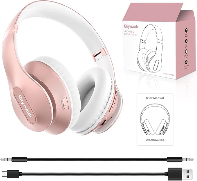 Glynzak Wireless Bluetooth Headphones Over Ear 65H Playtime HiFi Stereo Headset with Microphone and 6EQ Modes Foldable Bluetooth V6.0 Headphones for Travel Smartphone Computer Laptop Rose Gold