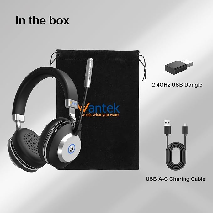 Wantek Wireless Bluetooth Headset with Microphone for Work,45Hrs Playtime with Mute Button,On-Ear Headset with Noise Cancelling Mic for PC,Laptop,Smartphone,Remote Work,Office,Home,Zoom,Skype